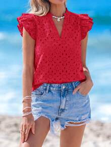 Women Summer V Neck Ruffle Cap Sleeve Hollow Out Eyelet Embroidered Double Layer Boho Shirts Casual Pullover Blouses Dressy Outfits Tops - Đỏ - Xem 3