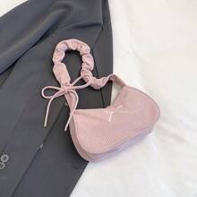 1pc Solid Color Corduroy Material Zipper Closure Fashionable Shoulder Handbag - Watermelon Pink - View 8
