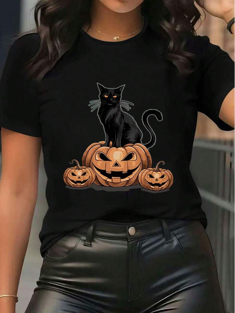 Camiseta feminina casual de manga curta com estampa de Halloween - Camiseta fofa com estampa de gato preto e abóbora - Ideal para festas, feriados e uso diário - Gola redonda - Tecido macio - Preto - Ver 1