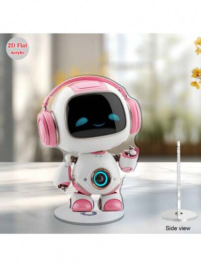 2D旋转亚克力桌面机器人 - 可爱白色和粉色发光伙伴，带旋转功能，现代音箱风格设计，2D平面桌面装饰（万圣节/复活节/圣诞节） - 圆角设计，2D平面