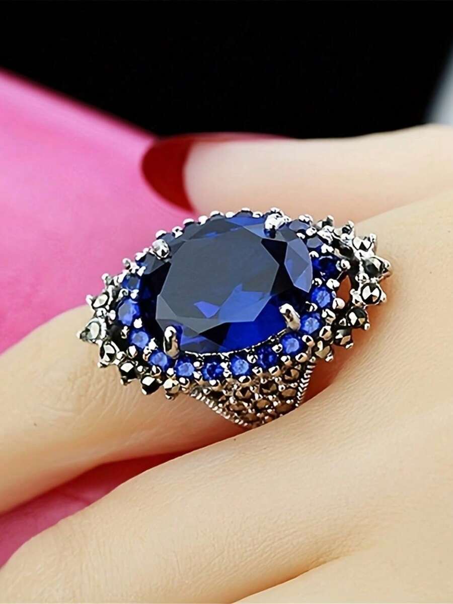 2026 New Collection Of Fine JewelryRetro Exaggerated Design Elegant Women's Fashion Oval Artificial Synthetic Red Garnet Ring Classic Design Women's Engagement And Proposal Ring Birthday Party Anniversary Gift Cocktail Banquet Jewelry High-End Accessories - 藍色 - 查看 1