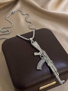 Silver Rifle Pendant Necklace With Chunky Chain, Bold Weapon Pendant Necklace, Fashion Punk Hip Hop Jewelry Gift For Boyfriend, Birthday And Casual Styling, Unisex,Valentine's Day Gift - Multicolor - View 5