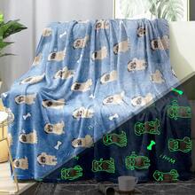 1pc Soft, Lightweight & Warm Flannel Glow-In-The-Dark Dog Pattern Blanket, Suitable For All Seasons, Great For Sofa, Bed, Office Nap, Dates, Holidays Gift - Blue - View 1