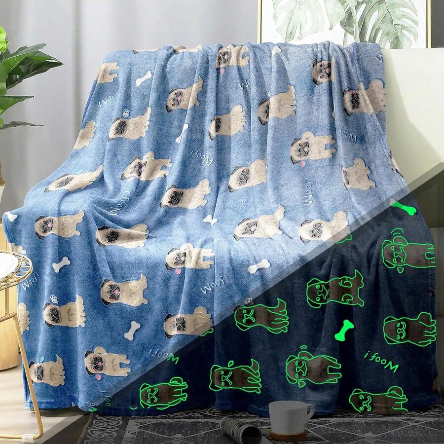1pc Soft, Lightweight & Warm Flannel Glow-In-The-Dark Dog Pattern Blanket, Suitable For All Seasons, Great For Sofa, Bed, Office Nap, Dates, Holidays Gift - Blue - View 1