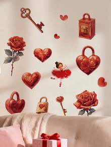 1pc Valentine's Day Red Heart Rose Dancing Girl Wall Decal Sticker, Removable Wall Art Decor For Bedroom, Living Room