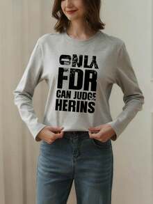 灰色字母印花圆领长袖T恤，女士休闲宽松百搭打底衫，春秋季 - 淺花灰 - 查看 2