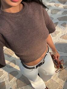 FOR BEAUTY 圆领棕色短袖露脐针织衫，女士春夏新款休闲宽松舒适套头衫，时尚优雅通勤百搭上衣 - 棕色 - 查看 4