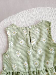 2pcs Girls Daisy Print Blue Plaid Top And Pants Set, Summer - Green - View 7