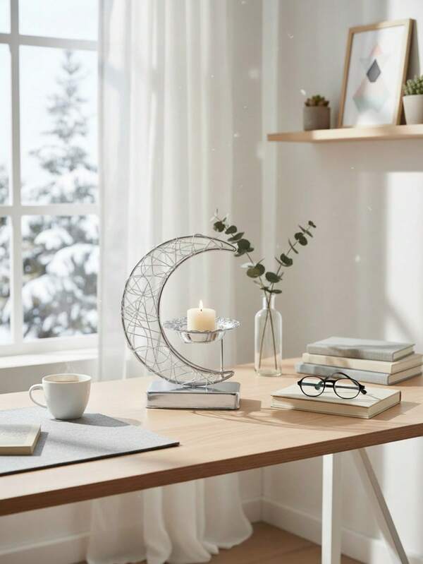 1Pc/Set Candle Holder Designed In The Shape Of A Crescent Moon. It Features Interwoven Metal Lines Outlining A Hollow Contour, Paired With A Decorated Candle Cup And A Square Base. This Candle Holder Is Suitable For Use On A Ramadan Iftar Dining Table, Prayer Area, Or As A Stylish Accent In Everyday Home Settings Such As The Living Room, Bedroom Shelves, Or As A Decorative Piece On A Party Dining Table.