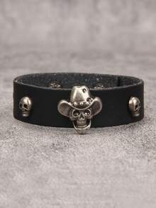 时尚骷髅头合金皮手链，可调节扣环，适合狂欢节、摇滚音乐派对等场合，男女皆宜。