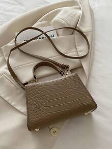 迷你时尚纯色翻盖PU手提包 - 卡其色 - 查看 3