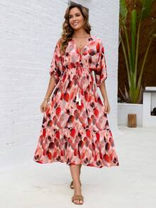 女士印花V领蝙蝠袖中长连衣裙，配有抽绳、流苏和蝴蝶结，波西米亚风飘逸沙滩裙，适合度假夏季穿着，优雅迷人。 - 紅色 - 查看 4