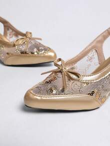 女士优雅蕾丝尖头蝴蝶结高跟凉鞋，时尚夏季派对婚礼高跟鞋 - 金色 - 查看 7