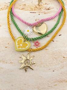 ZA 女士彩色多层项链 - 编织绳珐琅吊坠 | 柠檬心形雏菊旭日图案 | 情人节礼物 海滩度假配饰