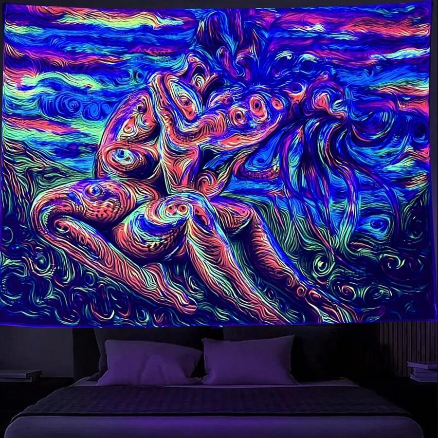 SparkLia Blacklight Lover Tapestry, Colorful Abstract Art Of Love Kiss UV Reactive Neon Tapestries, Woman Glow In The Dark Wall Hanging Home Décor For Bedroom - 51.2" X 59.1" - 1PC - 查看 1