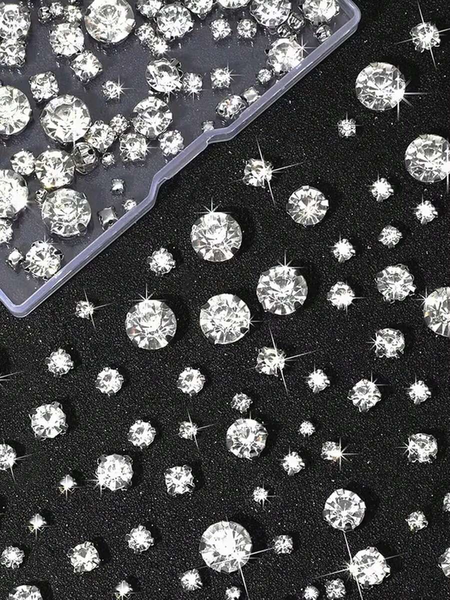 100pcs Sewing Glass Rhinestones With Silver Claw, 3-10mm, Suitable For Handicrafts, Clothing - Mixed Round Diamonds - View 1