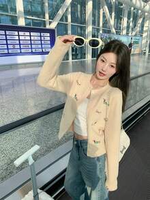 韩版休闲甜美刺绣圆领修身针织开衫 - 黃色 - 查看 1