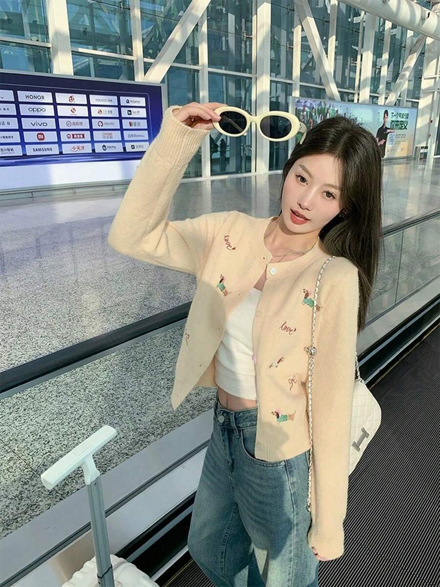 韩版休闲甜美刺绣圆领修身针织开衫 - 黃色 - 查看 1