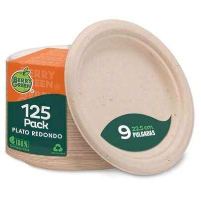 CYPN125 Platos Grandes 100% Compostables Material de Alta Calidad Resistentes a los Liquidos Ecológico Hecho de Fibras de Caña de Azúcar de 22.5 cm 9 Pulgadas Color NaturalFashion