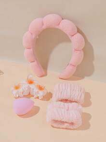 5pcs Women's Velvet Headband Wash Set, Includes Sponge Spa Headband For Face Washing, Wristband, Large Flower Hair Clip, Fluffy Makeup Cleansing, Mask & Skincare/Haircare Accessories, Comes In Elegant Gift Box For Party Or Daily Use - Multicolor - View 5