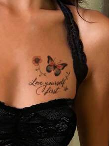1张可水洗彩色蝴蝶临时纹身贴纸，可贴于手腕/锁骨，蝴蝶图案，印有“先爱自己”字样，适合时尚人士日常佩戴。