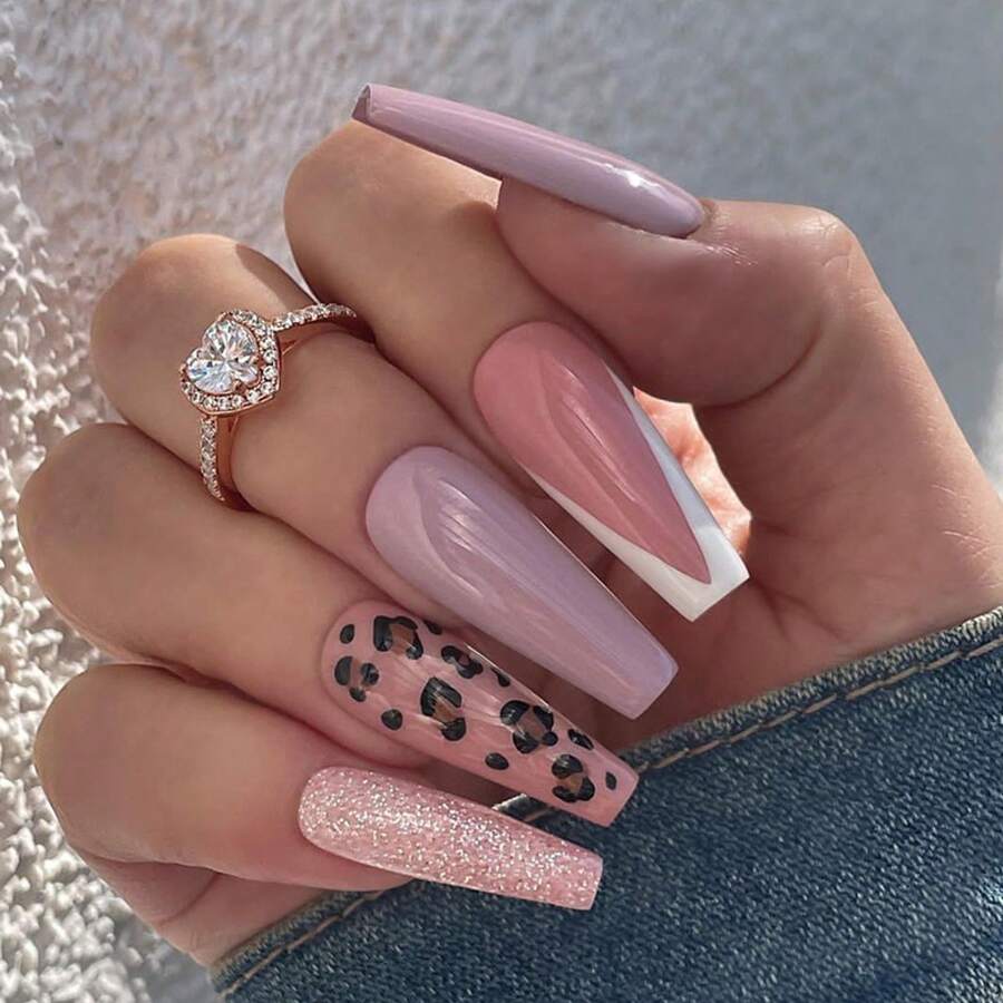 Taro Milk Jelly Long Wearable Nails Simple French Leopard Print With Glitter Fashion Simple Personality European And American Style Nail Tips Fake Nails - 1 - 查看 1