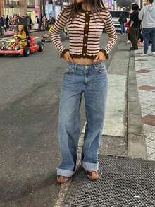 SEREN Women's New Round Neck Button Striped Knit Cardigan, Pink Romantic Valentine's Day Top - Baby Pink - View 4