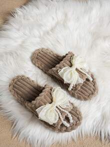 女士优雅蝴蝶结串珠布艺拖鞋，时尚休闲度假风，秋冬季 - 棕色 - 查看 7