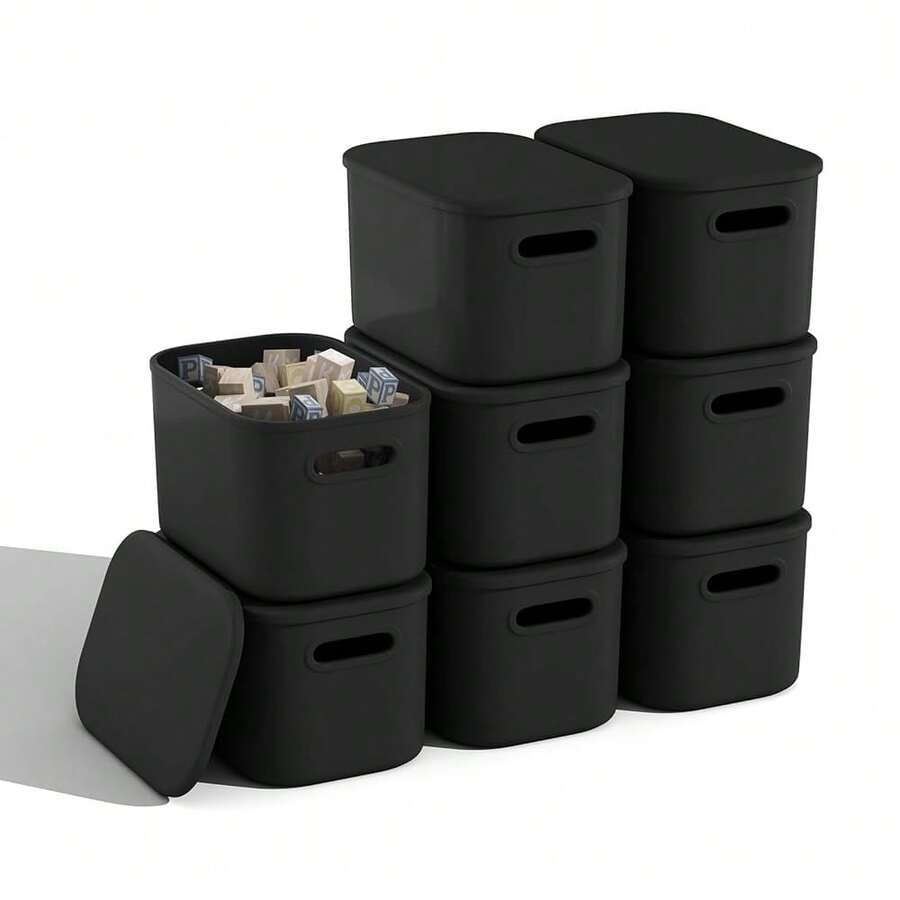 8 Pack Black Storage Bins With Lids For Shelves, Plastic Storage Containers With Lids For Organizing, Stackable Storage Boxes With Handle, Black Storage Bins For Classroom, Craft, Snacks - Black - View 1