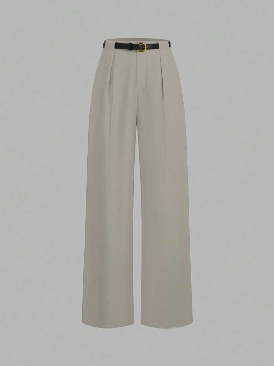 Mid-Rise Solid Color Elegant Straight-Leg Pants With Belt Spring - Apricot - View 1