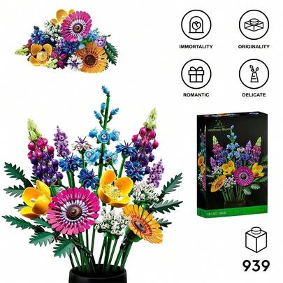 939pcs  Building Block Set Gifts, Flower Bouquet, Artificial Flowers  Wildflower Bouquet Set, Artificial Flowers With Poppies And Lavender, Crafts For Adults, Romantic Valentine's Day Gift,Artificial Flowers For Home Decor