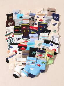 10双装男童透气弹力中筒袜，恐龙、汽车、直升机等交通工具/动物图案，适合夏季日常穿着，吸湿排汗 - 彩色 - 查看 6