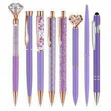 8pcs/Set Metal Crystal Diamond Glitter Ballpoint Pen Set, Black Ink, Women's Birthday Gift, Elegant Stationery, Home/Office Desk Supplies, Purple - Purple - View 12