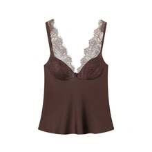 HH 2026 New Elegant Contrast Lace Camisole Tank Top, Sexy Sleeveless Vintage Blouse, Fashionable Slimming Street Style Clothing For Women Casual - Màu nâu  Mocha - Xem 7