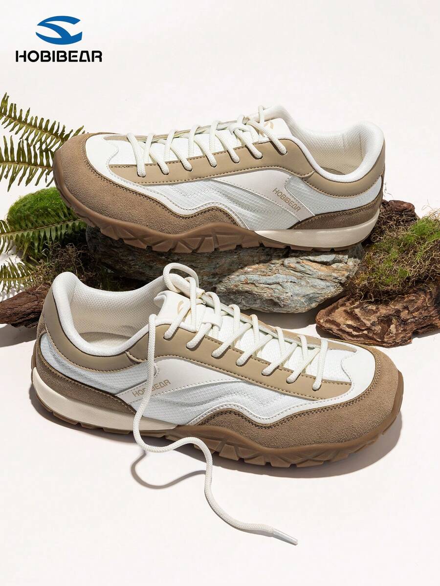 HOBIBEAR Retro Patchwork Breathable Mesh Lightweight Comfortable Sports Shoes, Versatile Non-Slip Durable Outsole Unisex Sneakers For Spring/Summer, Suitable For Hiking/Casual Wear - Khaki - View 1