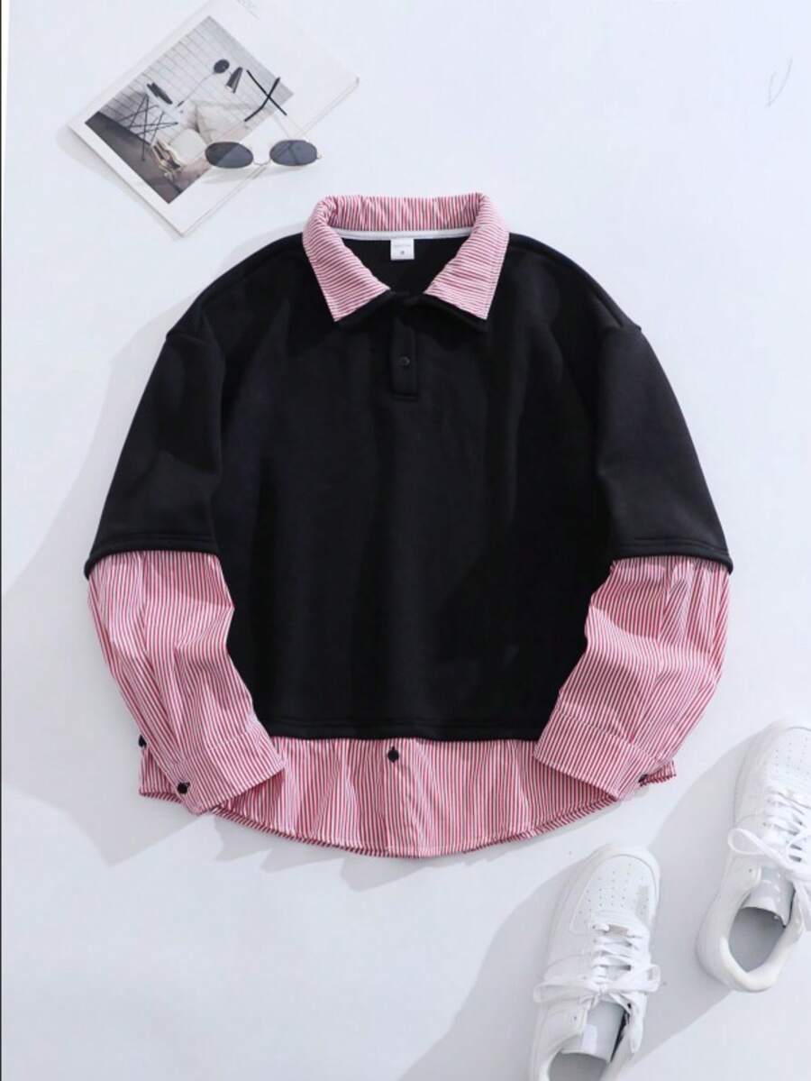 Men's Striped Patchwork Polo Collar Long Sleeve Polo Shirt, Suitable For Spring And Autumn - 黑色 - 查看 1
