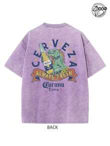 Graphic Tee With A Lizard Holding A Beer;Corona Extra , Always Fresh;Retro Washed T-Shirt With Double-Sided Printed (230G Pure Cotton T-Shirt);Crew Neck, Short Sleeves, Regular Fit, Casual Wear With Design, Streetwear For Men, Men's Fall Clothes, Vintage T-Shirt,Unisex - 灰色 - 查看 8