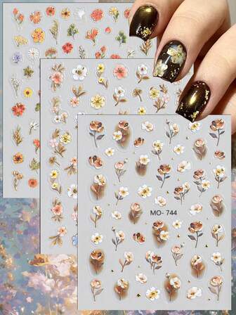 3/6 ark 5D vintage blommiga nagelklistermärken, guldfoliepressade blommor nageldekaler för DIY elegant manikyr