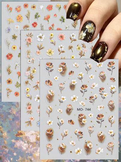 3/6 ark 5D vintage blommiga nagelklistermärken, guldfoliepressade blommor nageldekaler för DIY elegant manikyr