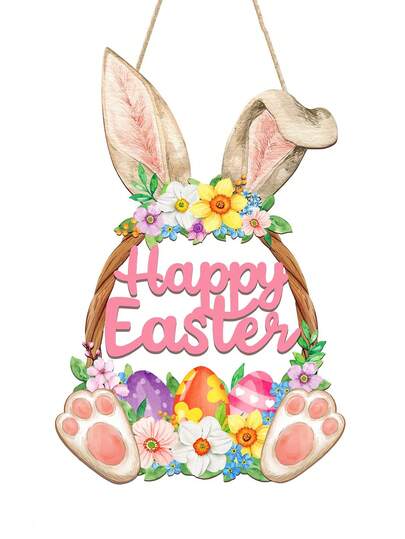 Wooden Easter Wreath, Hollow Rabbit Sign Flower Egg Welcome Hanging Decor, Suitable For Home Wall Decoration, Indoor/Outdoor Party, Easter Blessing, With Transparent Hanging Hook