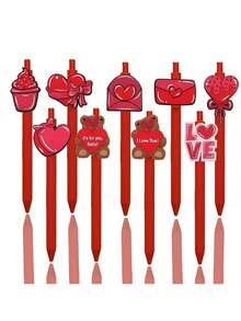 6pcs/Set Random Style Red Barrel Push Button Pen With Heart & Bear Design, Black Ink, Valentine's Day & Thanksgiving Writing Series - Red - View 1