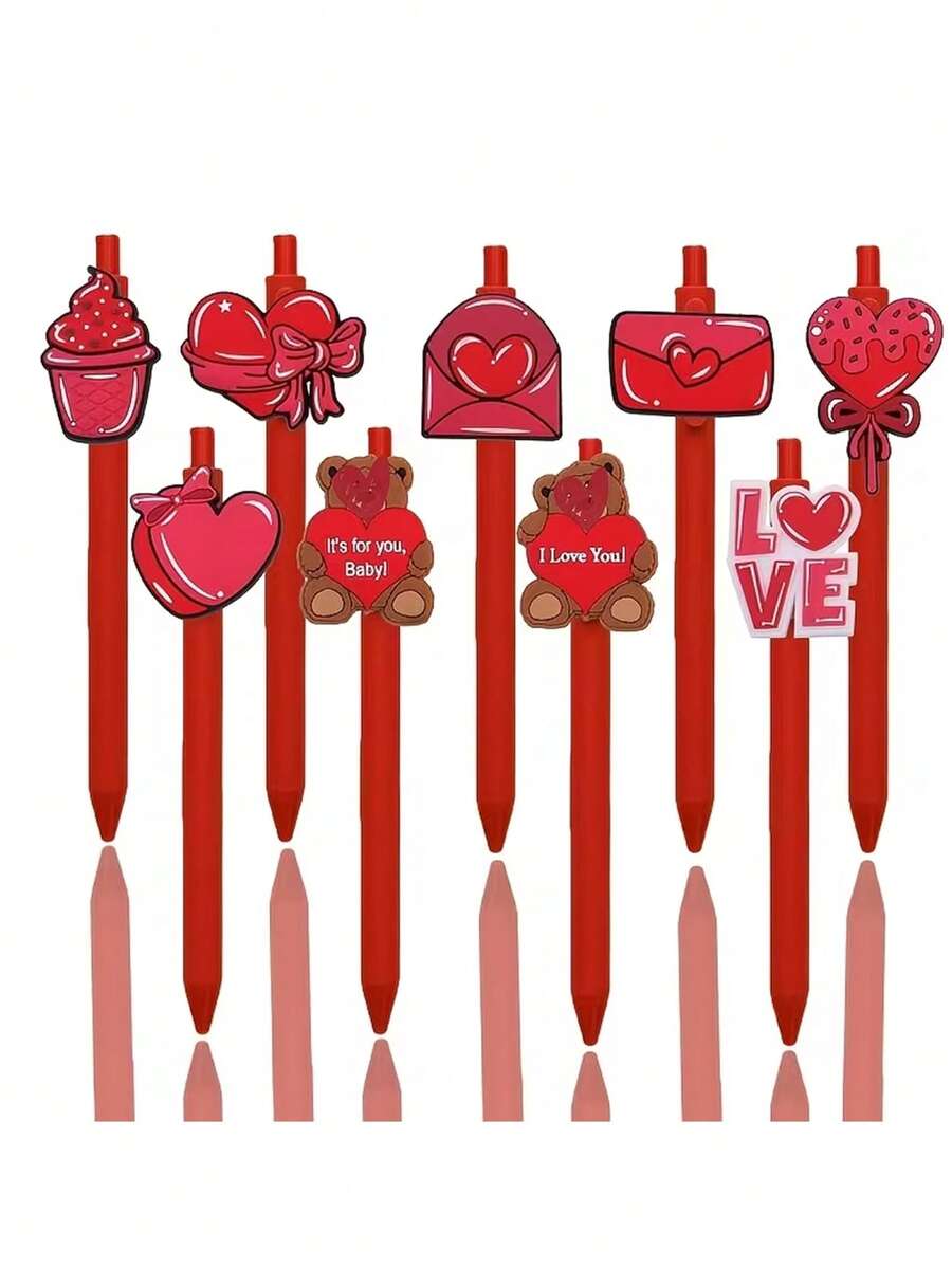 6pcs/Set Random Style Red Barrel Push Button Pen With Heart & Bear Design, Black Ink, Valentine's Day & Thanksgiving Writing Series - Red - View 1