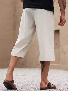 Men's Solid Color Minimalist Linen Capri Pants, Suitable For Beach, Vacation, Beach Party Style - Beige - View 4