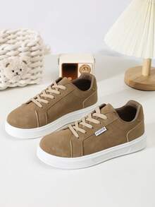 1 Pair Women's Lace-Up Solid Color Round Toe Casual Sneakers, Fashion Versatile Flat Skate Shoes (Please Order 1 Size Up From Your Normal Size) - Khaki - View 7