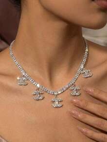 Sparkly Rhinestone Choker Necklace For Women, Silver Tone Double Row Tennis Chain With Crystal Dangling Charms, Bling Y2K Statement Jewelry For Wedding Party Prom Gift - Multicolor - View 3