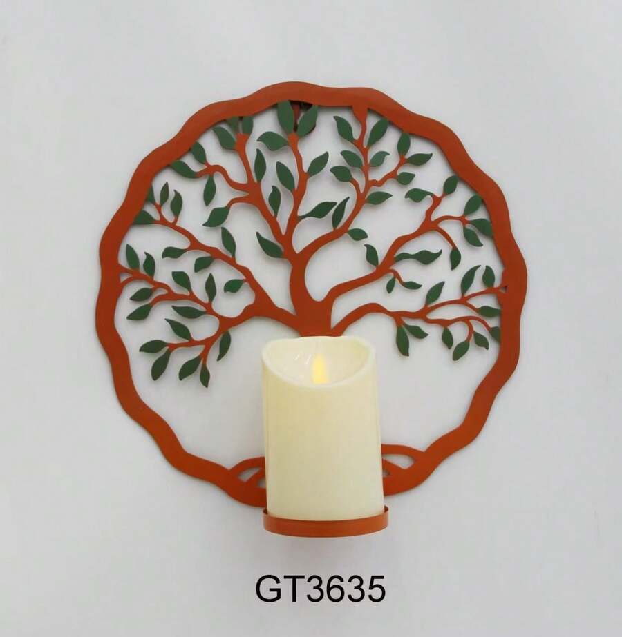 Metal Wall Decoration, Life Tree Candlestick, Genealogy Tree Wall Decoration, Creative Home Decoration, Living Room, Bedroom, Office Wall Art Pendant - Burnt Orange - View 1