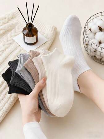 5 par damstrumpor med grund mun, enfärgade, luktborttagande, vertikala randiga, enkla, avslappnade båtstrumpor, vår/sommar tunna