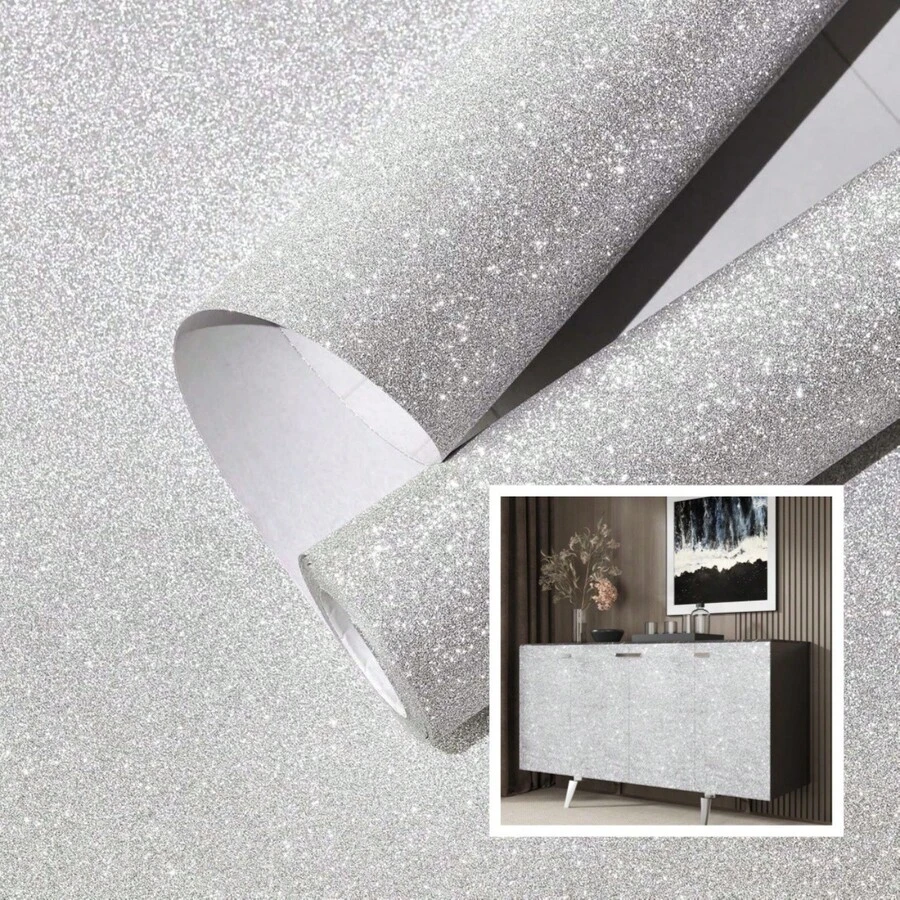 1卷闪亮银色闪光自粘壁纸，可移除，防水闪光壁纸，适用于橱柜、抽屉、梳妆台、架子、工艺品、礼品包装、客厅、卧室家具、家居装饰