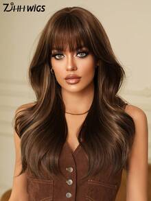7JHH WIGS Tóc giả màu nâu gợn sóng chất lượng cao 22 inch có mái, tóc giả xoăn bồng bềnh tổng hợp điểm xuyết highlight vàng, sợi tổng hợp chịu nhiệt, không cần keo dán, thích hợp cho nữ mặc hàng ngày, cosplay, phụ kiện dự tiệc lễ hội âm nhạc, phong cách Y2K. - Màu nâu highlight - Xem 6
