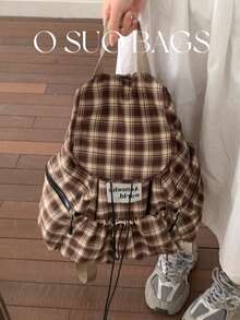 1个时尚格子多口袋尼龙休闲背包，防水、轻便、可折叠、抽绳、字母贴片、旅行包 - 彩色 - 查看 9